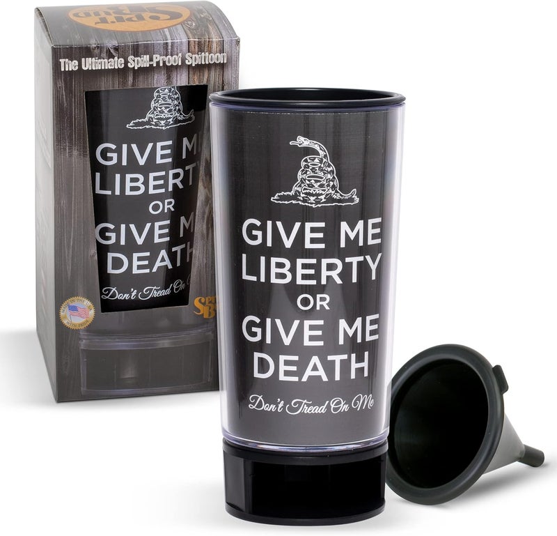 Spit Bud Liberty or Death #3 The Ultimate Spittoon for Chew - Portable Dip & Snuff Cup with Lid, Pop Tab, Spill-Proof Funnel, Can Cutter & Holder - Fit in Cup Holders - Holds 8oz - Made in USA - Image 1